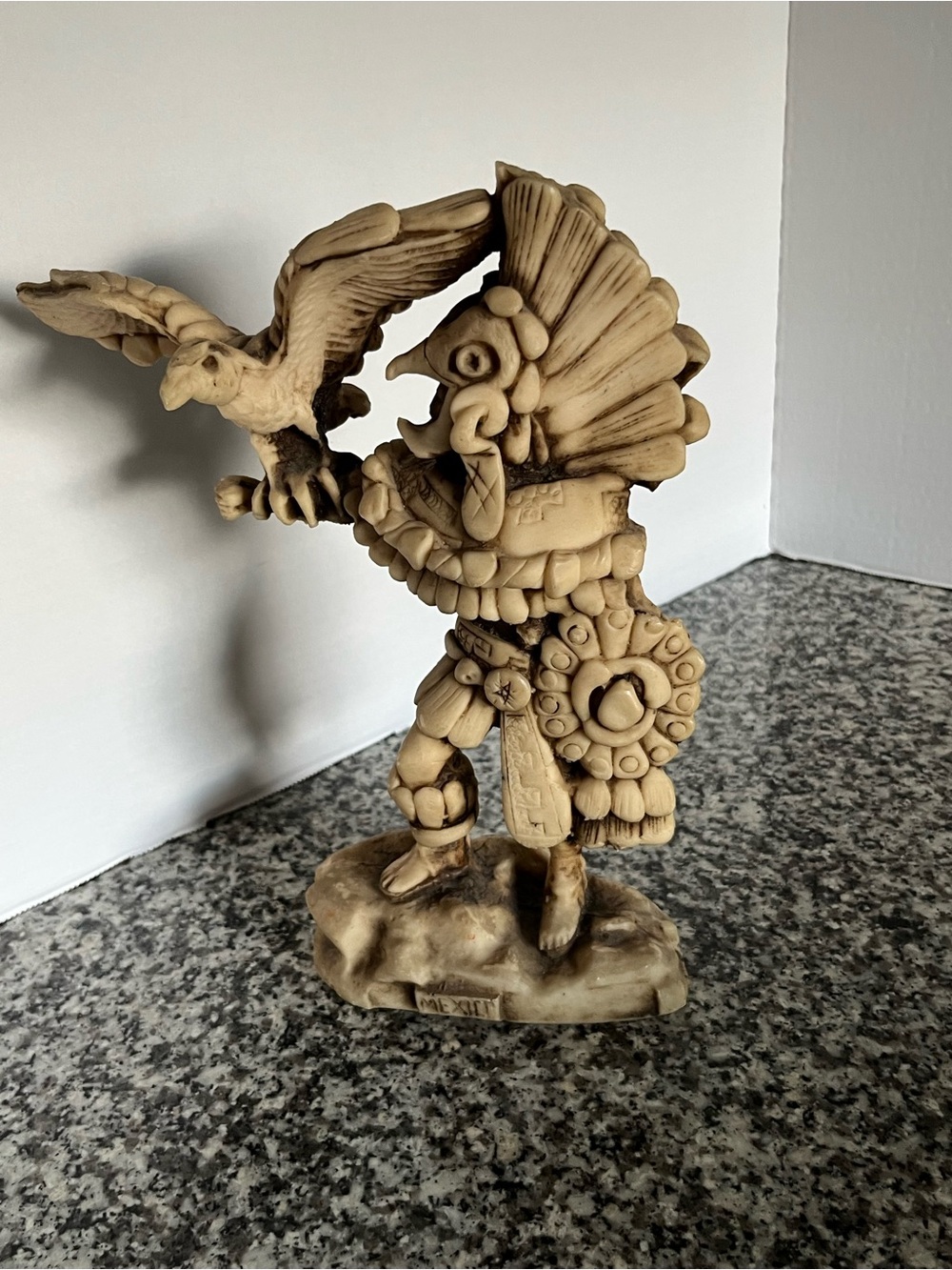Hand-Carved Style Beige Aztec Warrior Figurine with Bird - Home Art Decor